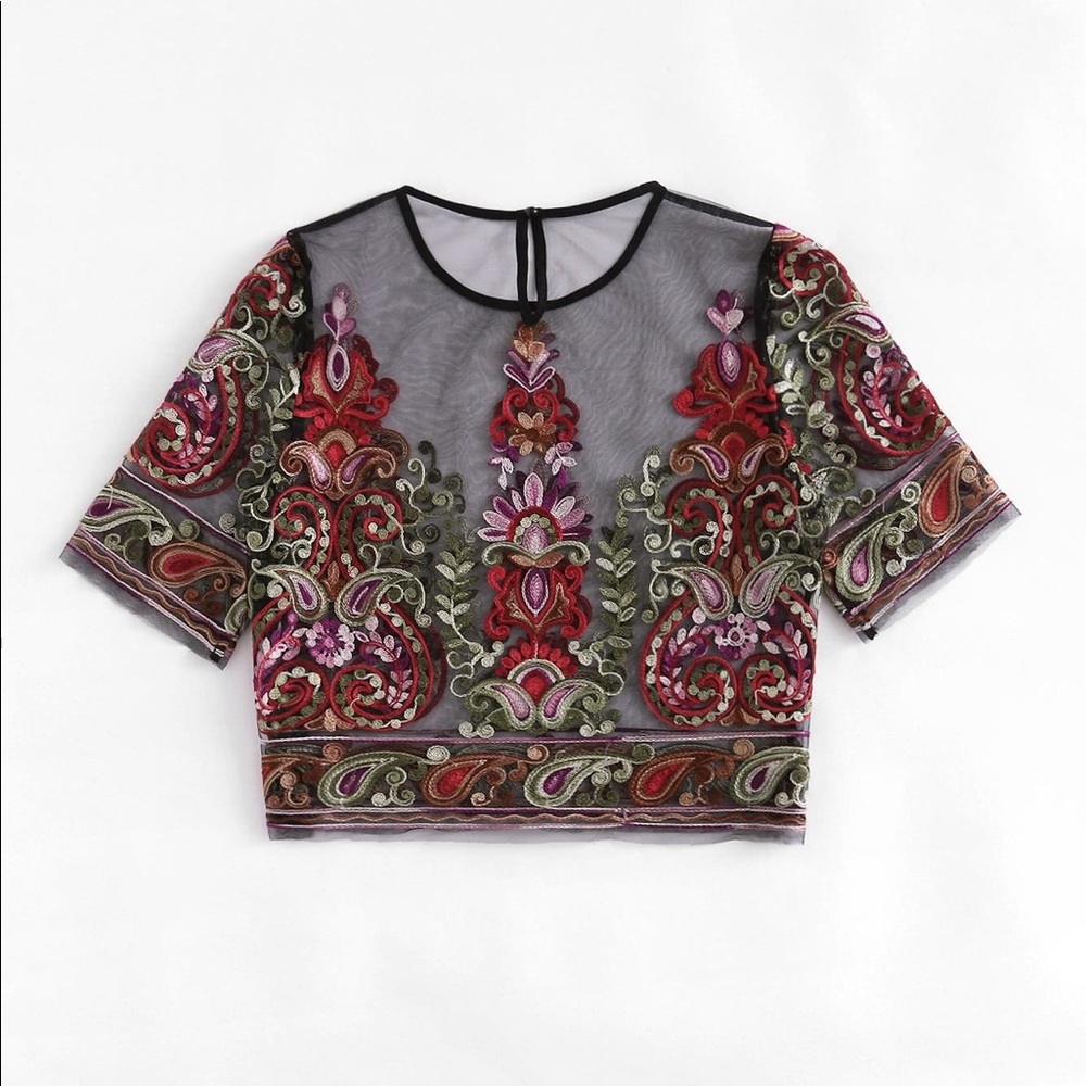 Beautiful Flower Embroidery Mesh Crop Top
